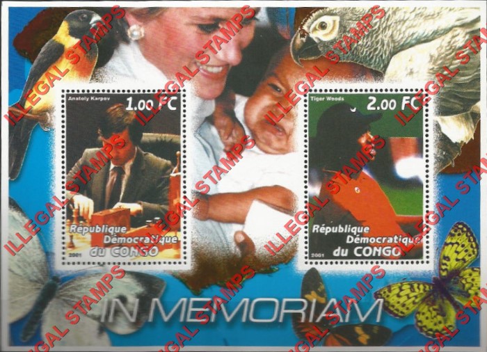 Congo Democratic Republic 2001 Diana Memoriam with Chess Player Anatoly Karpov and Tiger Woods Illegal Stamp Souvenir Sheet of 2