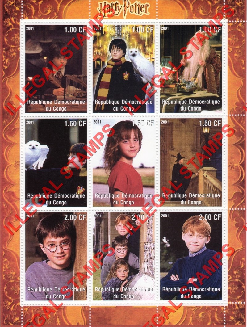 Congo Democratic Republic 2001 Harry Potter Illegal Stamp Sheet of 9