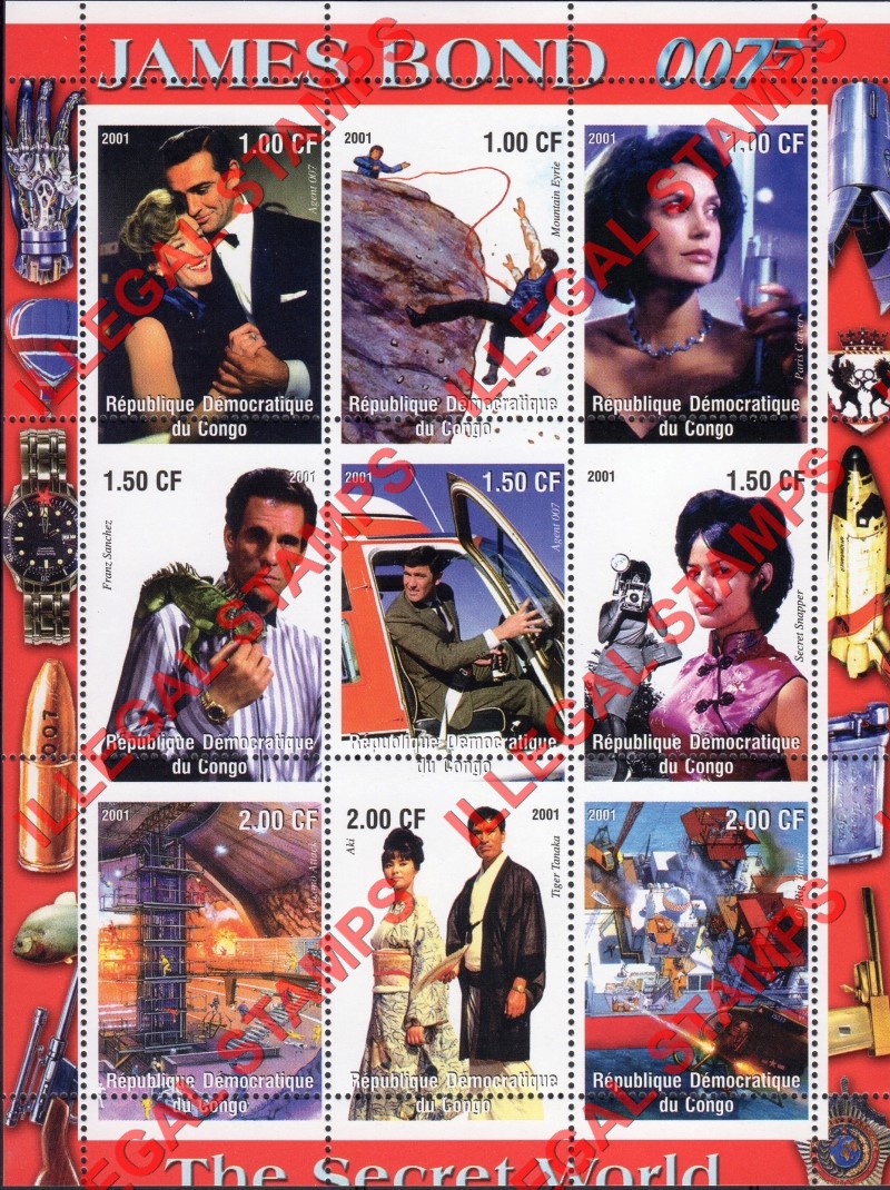 Congo Democratic Republic 2001 James Bond The Secret World Illegal Stamp Sheet of 9 with moved perforations