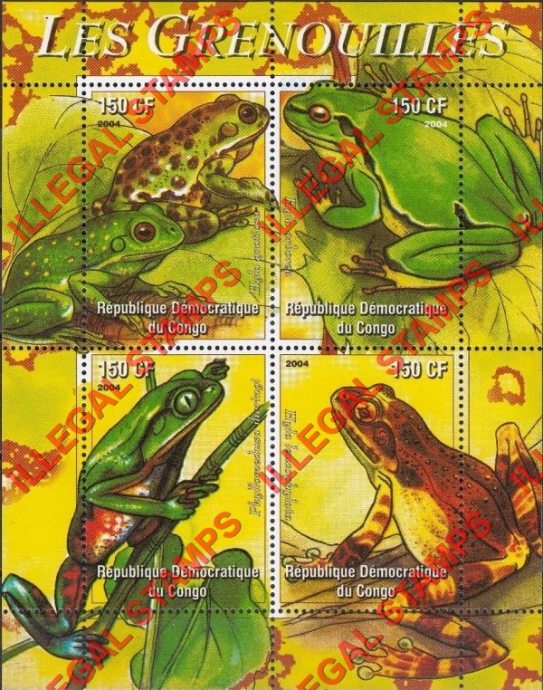 Congo Democratic Republic 2004 Frogs Illegal Stamp Souvenir Sheet of 4