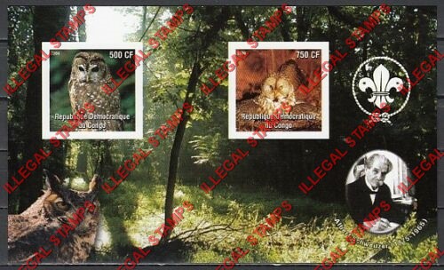 Congo Democratic Republic 2004 Owls Illegal Stamp Souvenir Sheet of 2