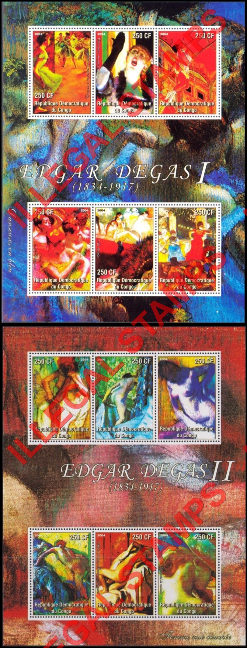 Congo Democratic Republic 2004 Paintings Edgar Degas Illegal Stamp Souvenir Sheets of 6