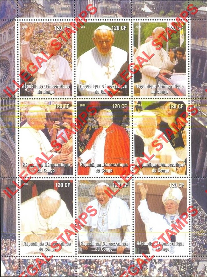Congo Democratic Republic 2004 Pope John Paul II Illegal Stamp Sheet of 9