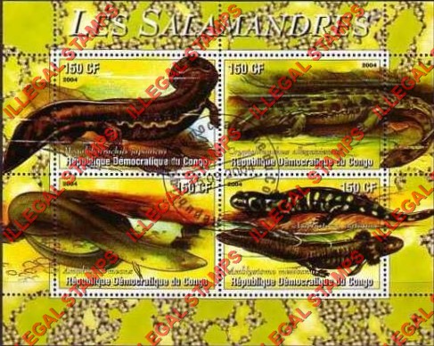 Congo Democratic Republic 2004 Salamanders Illegal Stamp Souvenir Sheet of 4