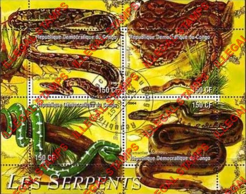 Congo Democratic Republic 2004 Snakes Serpents Illegal Stamp Souvenir Sheet of 4