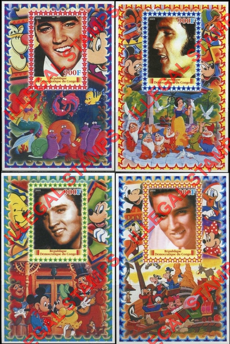 Congo Democratic Republic 2005 Disney Elvis Presley Illegal Stamp Souvenir Sheets of 1