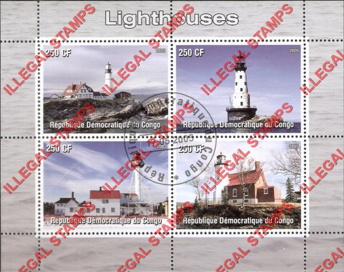 Congo Democratic Republic 2005 Lighthouses Illegal Stamp Souvenir Sheet of 4