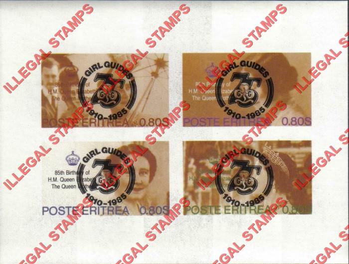 Eritrea 1985 85th Birthday of H.M. Queen Elizabeth the Queen Mother Counterfeit Illegal Stamp Souvenir Sheet of 4 with Girl Guides Overprint in Black