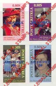 Eritrea 1986 60th Birthday of Queen Elizabeth II Counterfeit Illegal Stamp Souvenir Sheet of 4 with AMERIPEX Overprint in Blue
