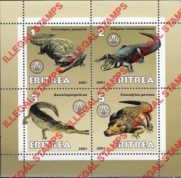 Eritrea 2001 Alligators Crocodiles Counterfeit Illegal Stamp Souvenir Sheet of 4