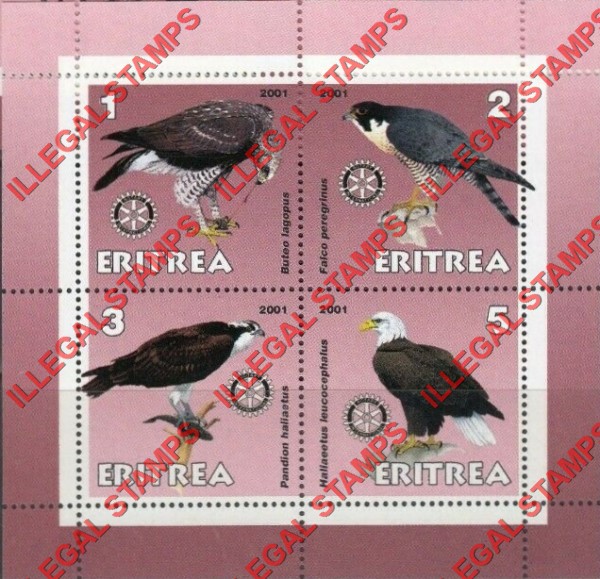 Eritrea 2001 Birds of Prey Counterfeit Illegal Stamp Souvenir Sheet of 4