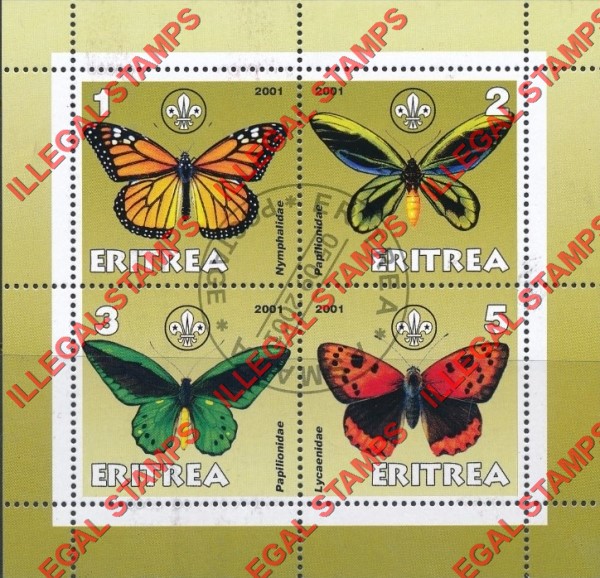 Eritrea 2001 Butterflies Counterfeit Illegal Stamp Souvenir Sheet of 4