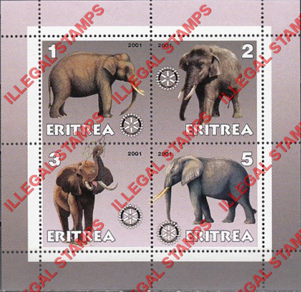 Eritrea 2001 Elephants Counterfeit Illegal Stamp Souvenir Sheet of 4