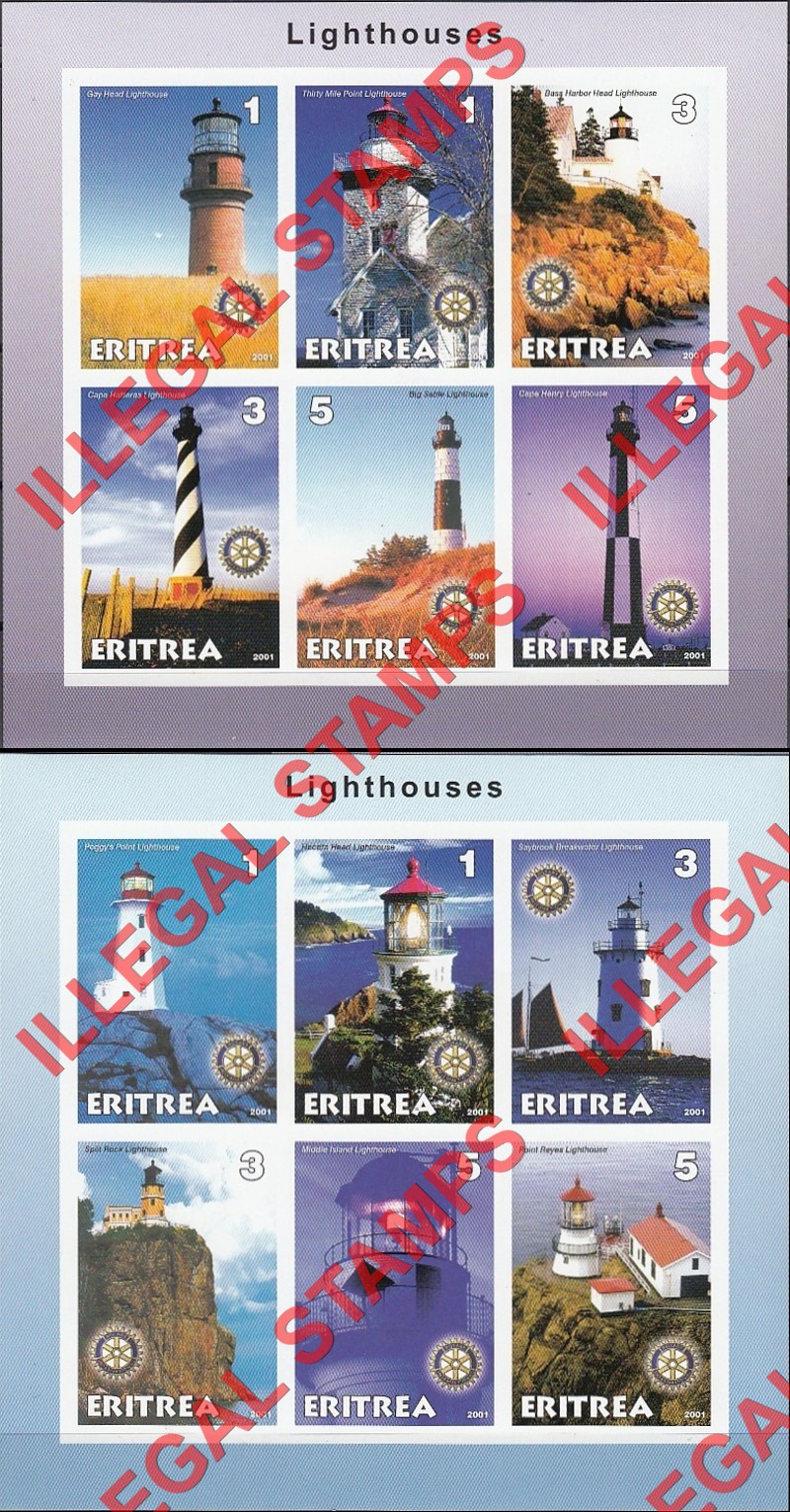 Eritrea 2001 Lighthouses Counterfeit Illegal Stamp Souvenir Sheets of 6