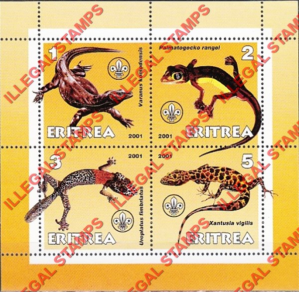 Eritrea 2001 Lizards Reptiles Counterfeit Illegal Stamp Souvenir Sheet of 4