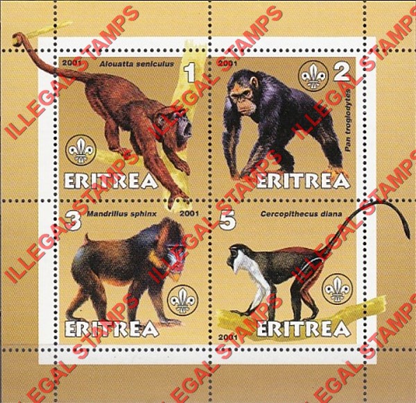 Eritrea 2001 Monkeys Counterfeit Illegal Stamp Souvenir Sheet of 4