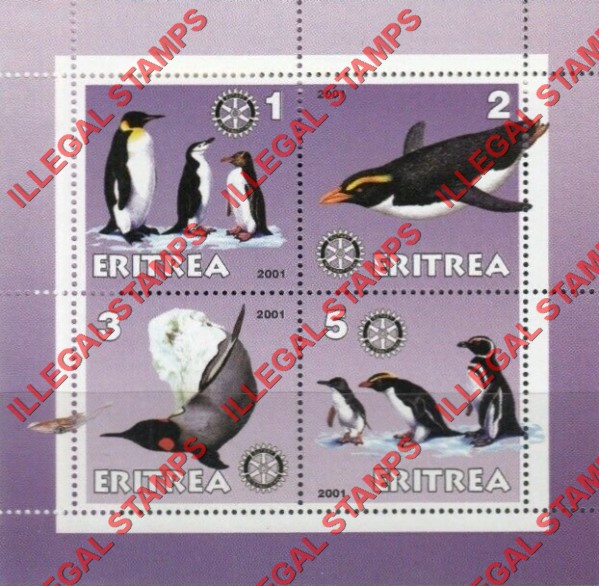 Eritrea 2001 Penguins Counterfeit Illegal Stamp Souvenir Sheet of 4