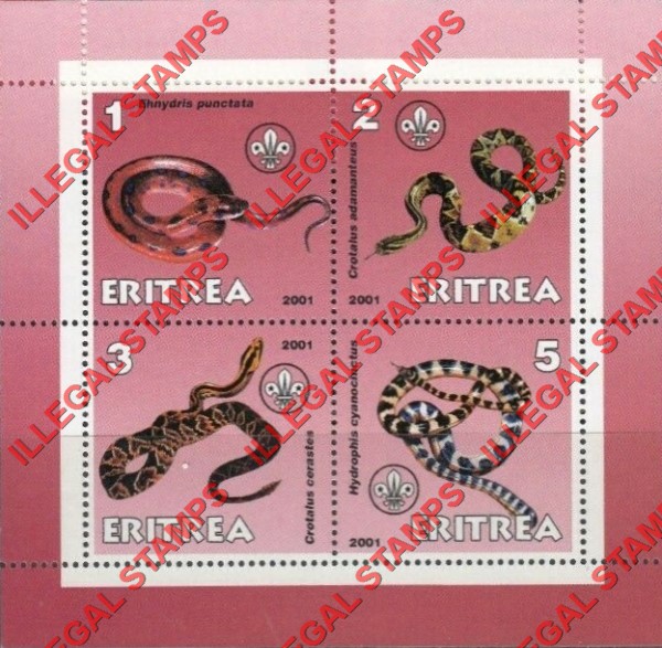 Eritrea 2001 Snakes Counterfeit Illegal Stamp Souvenir Sheet of 4