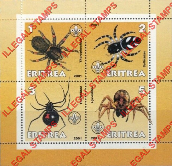Eritrea 2001 Spiders Counterfeit Illegal Stamp Souvenir Sheet of 4
