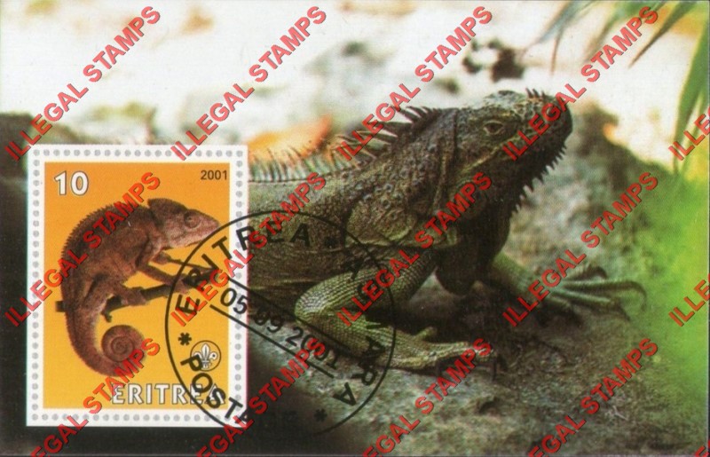 Eritrea 2001 Camelion Frilled Dragon Counterfeit Illegal Stamp Souvenir Sheet of 1