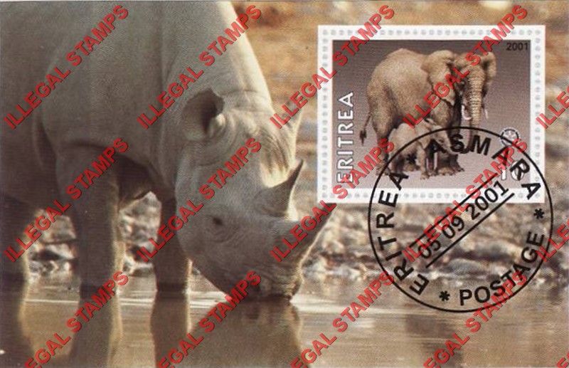 Eritrea 2001 Elephant Rhinoceros Counterfeit Illegal Stamp Souvenir Sheet of 1