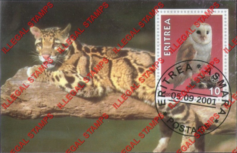 Eritrea 2001 Owl Leopard Counterfeit Illegal Stamp Souvenir Sheet of 1