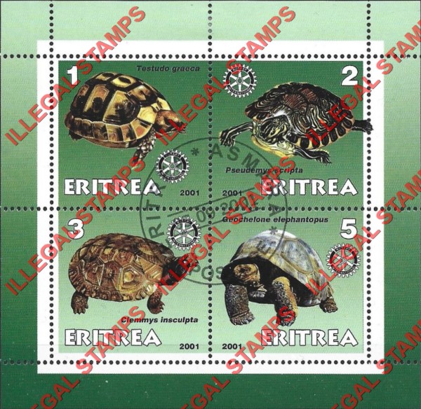 Eritrea 2001 Turtles Counterfeit Illegal Stamp Souvenir Sheet of 4