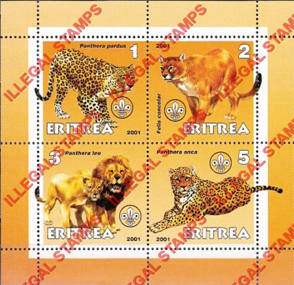 Eritrea 2001 Wild Cats Counterfeit Illegal Stamp Souvenir Sheet of 4