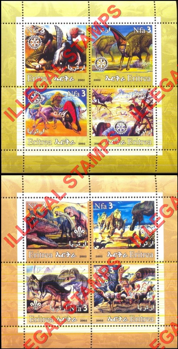 Eritrea 2002 Dinosaurs Counterfeit Illegal Stamp Souvenir Sheets of 4