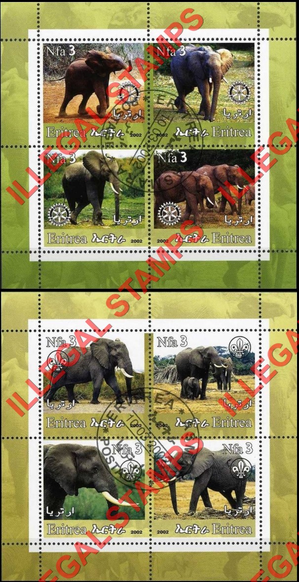 Eritrea 2002 Elephants Counterfeit Illegal Stamp Souvenir Sheets of 4