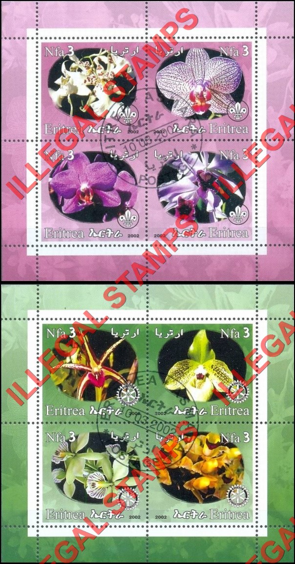 Eritrea 2002 Orchids Flowers Counterfeit Illegal Stamp Souvenir Sheets of 4
