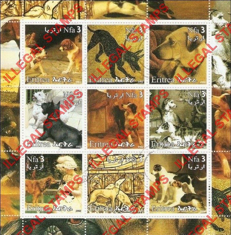 Eritrea 2002 Dogs Counterfeit Illegal Stamp Souvenir Sheet of 9