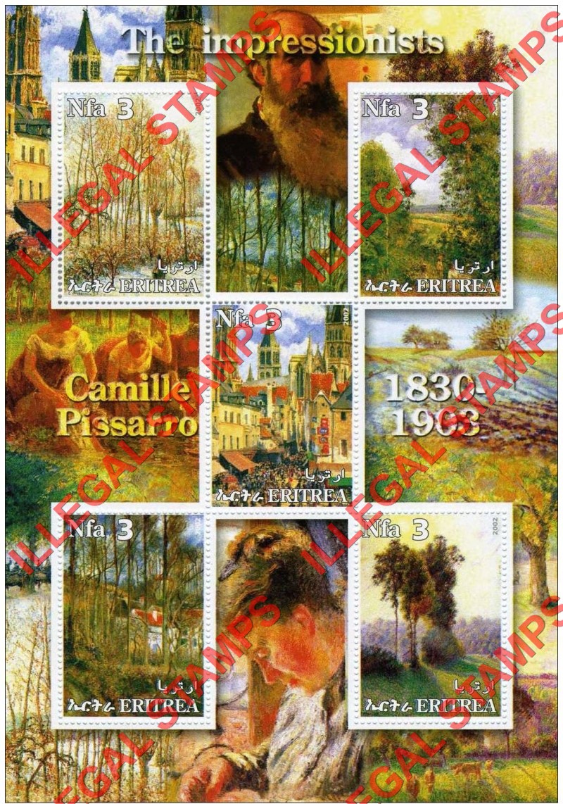 Eritrea 2002 Impressionists Paintings Camille Pissarro Counterfeit Illegal Stamp Souvenir Sheet of 5