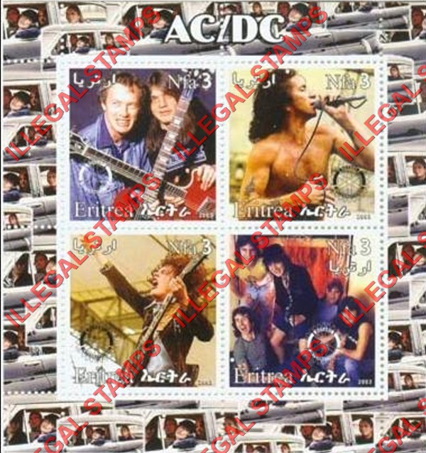 Eritrea 2003 AC/DC Rock Band Counterfeit Illegal Stamp Souvenir Sheet of 4