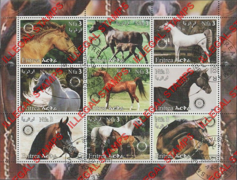 Eritrea 2003 Arabian Horses Counterfeit Illegal Stamp Souvenir Sheet of 9