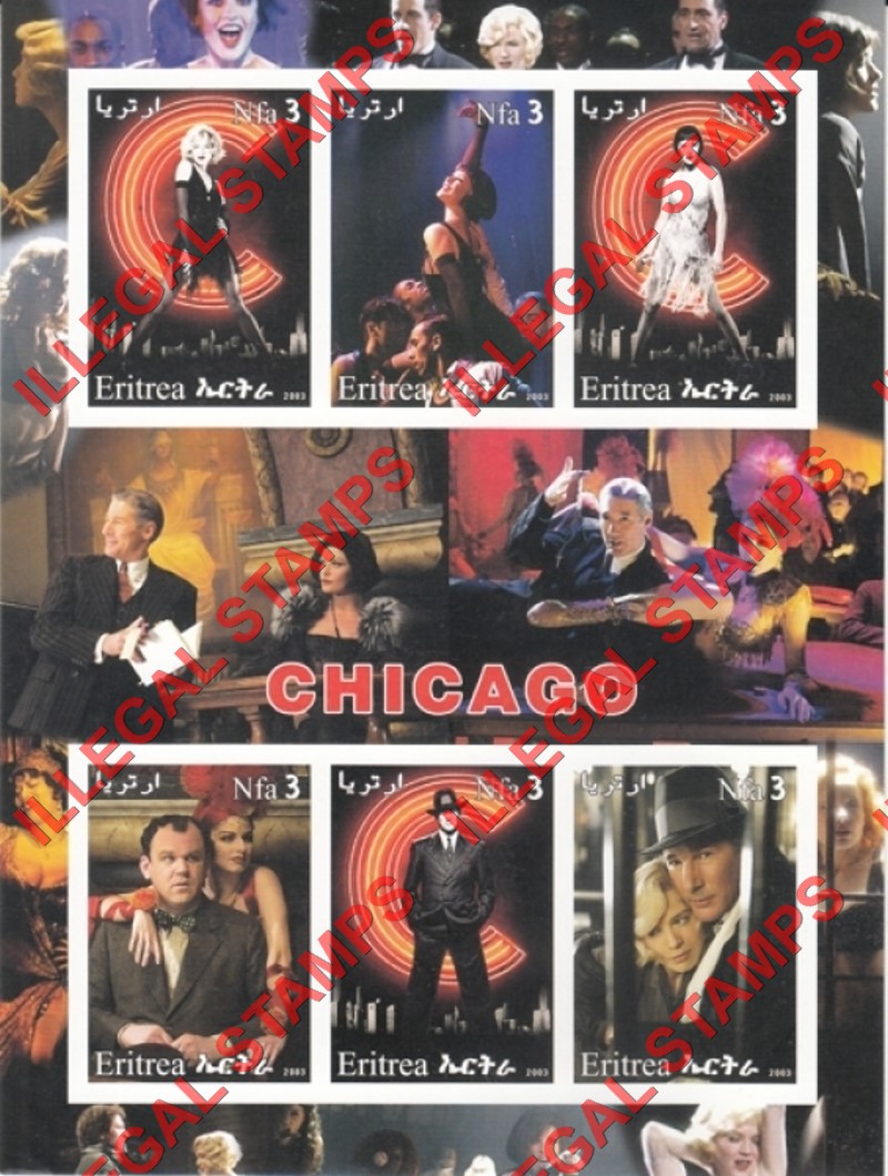 Eritrea 2003 Chicago Film Scenes Counterfeit Illegal Stamp Souvenir Sheet of 6