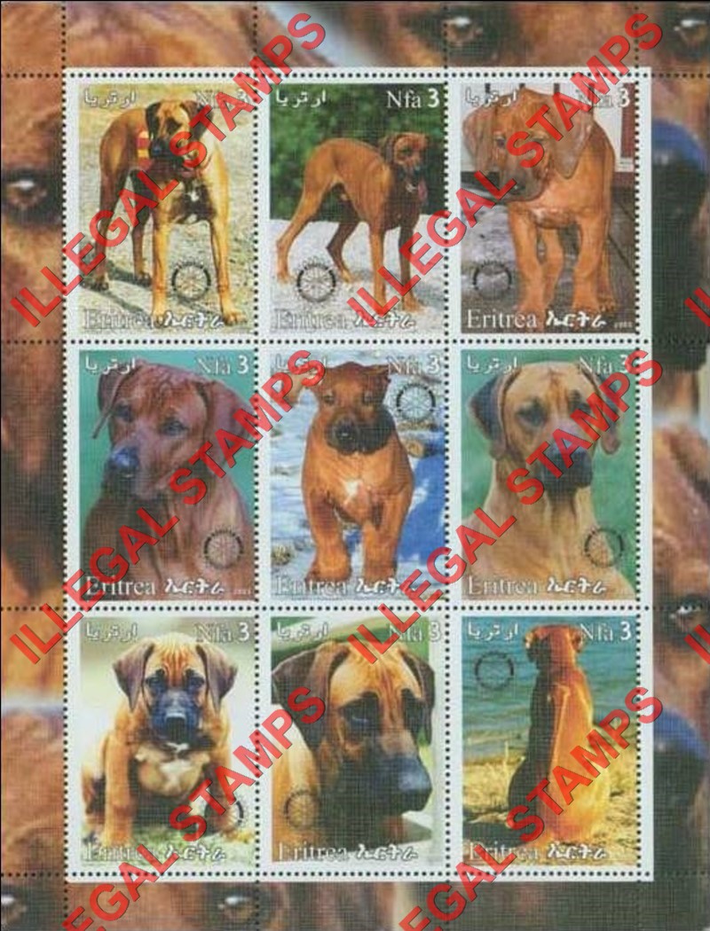 Eritrea 2003 Dogs Rhodesian Ridgeback Counterfeit Illegal Stamp Souvenir Sheet of 9