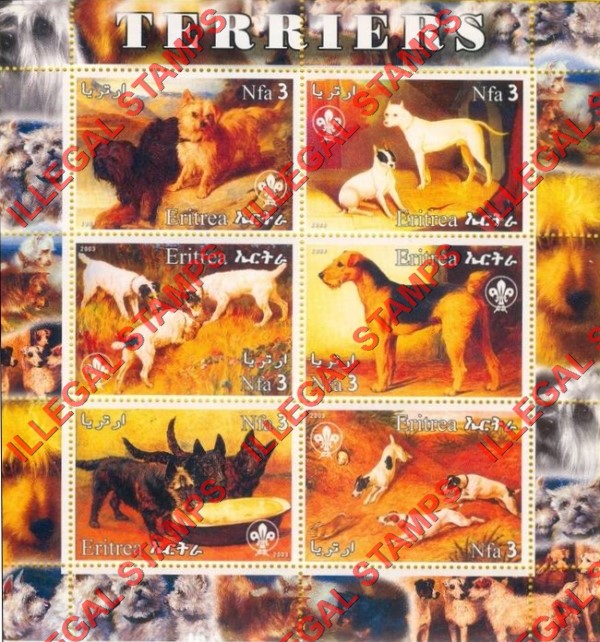 Eritrea 2003 Dogs Terriers Counterfeit Illegal Stamp Souvenir Sheet of 6