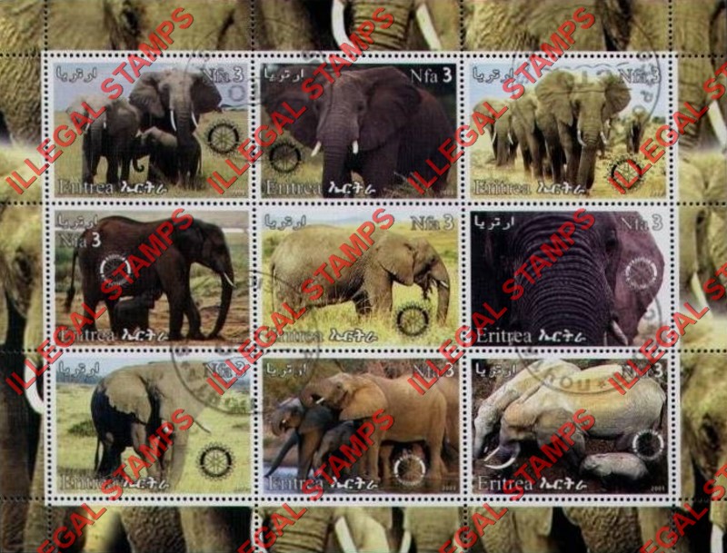 Eritrea 2003 Elephants Counterfeit Illegal Stamp Souvenir Sheet of 9