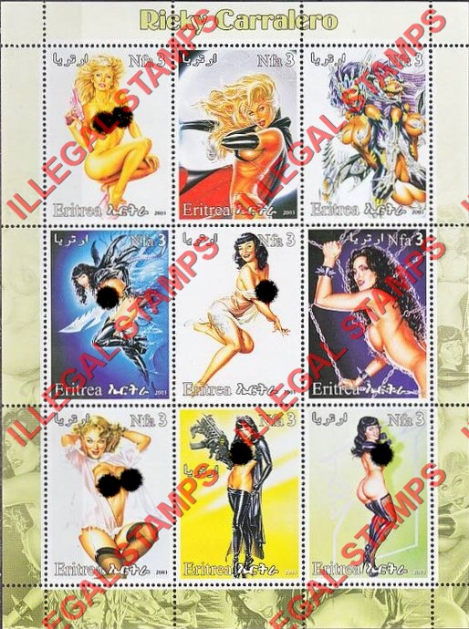 Eritrea 2003 Fantasy Art by Ricky Carralero Counterfeit Illegal Stamp Souvenir Sheet of 9