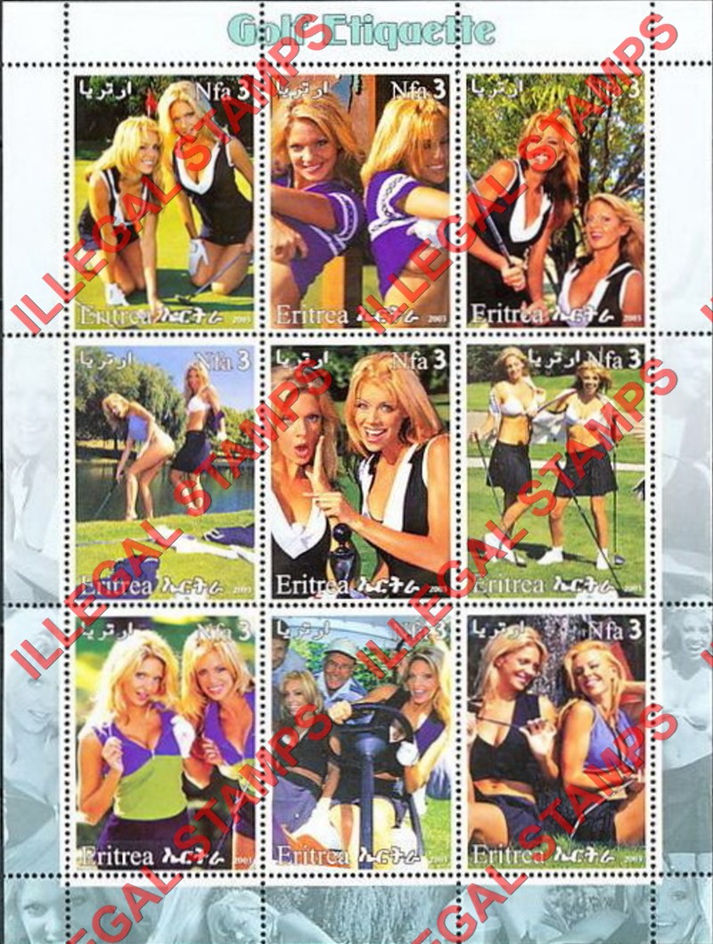 Eritrea 2003 Golf Etiquette Counterfeit Illegal Stamp Souvenir Sheet of 9