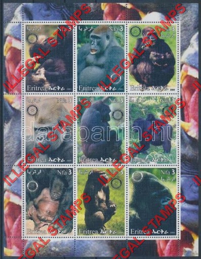 Eritrea 2003 Gorillas Counterfeit Illegal Stamp Souvenir Sheet of 9