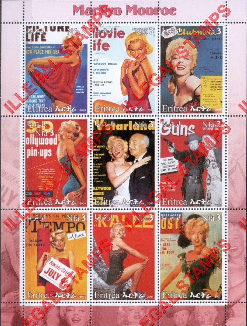 Eritrea 2003 Marilyn Monroe Counterfeit Illegal Stamp Souvenir Sheet of 9