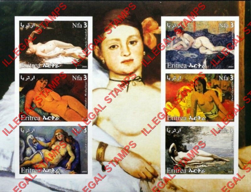 Eritrea 2003 Paintings Nude Art Counterfeit Illegal Stamp Souvenir Sheet of 6