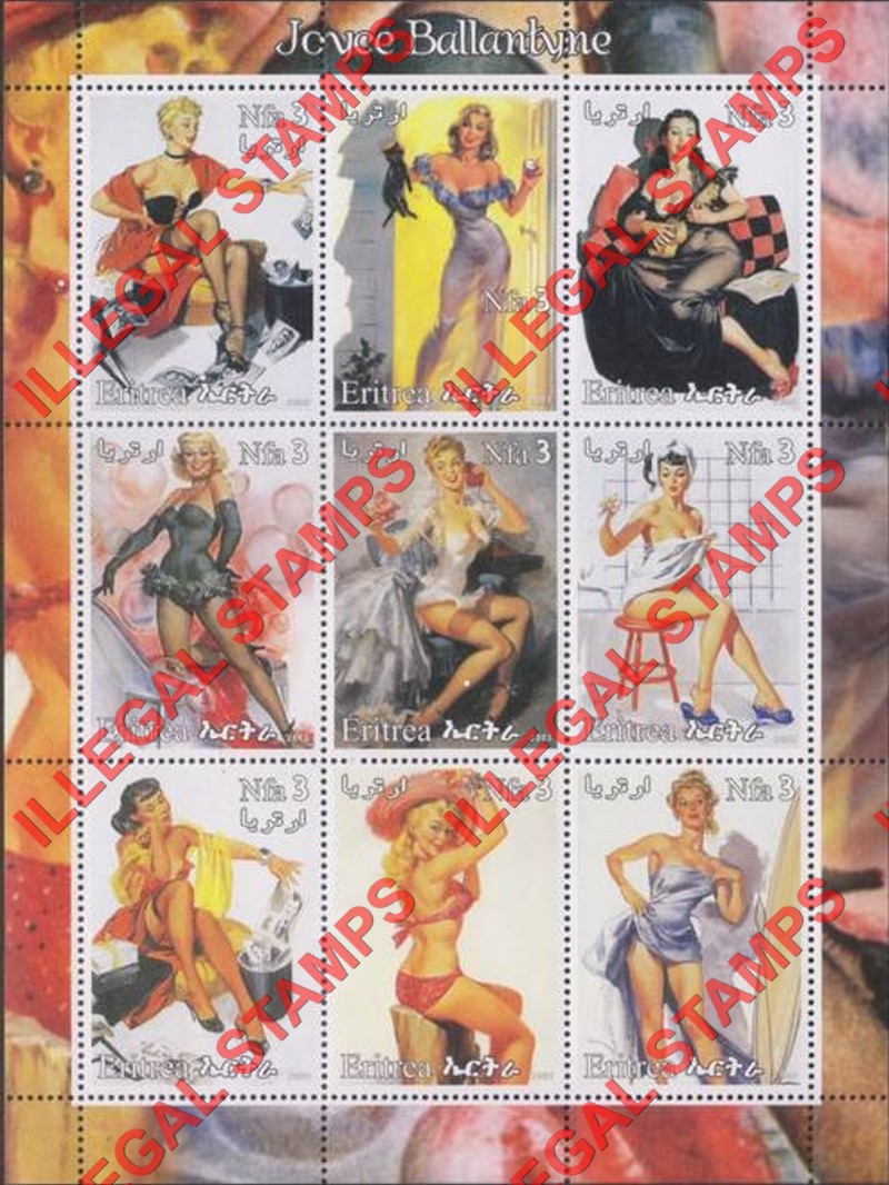 Eritrea 2003 Pin Ups by Joyce Ballantyne Counterfeit Illegal Stamp Souvenir Sheet of 9