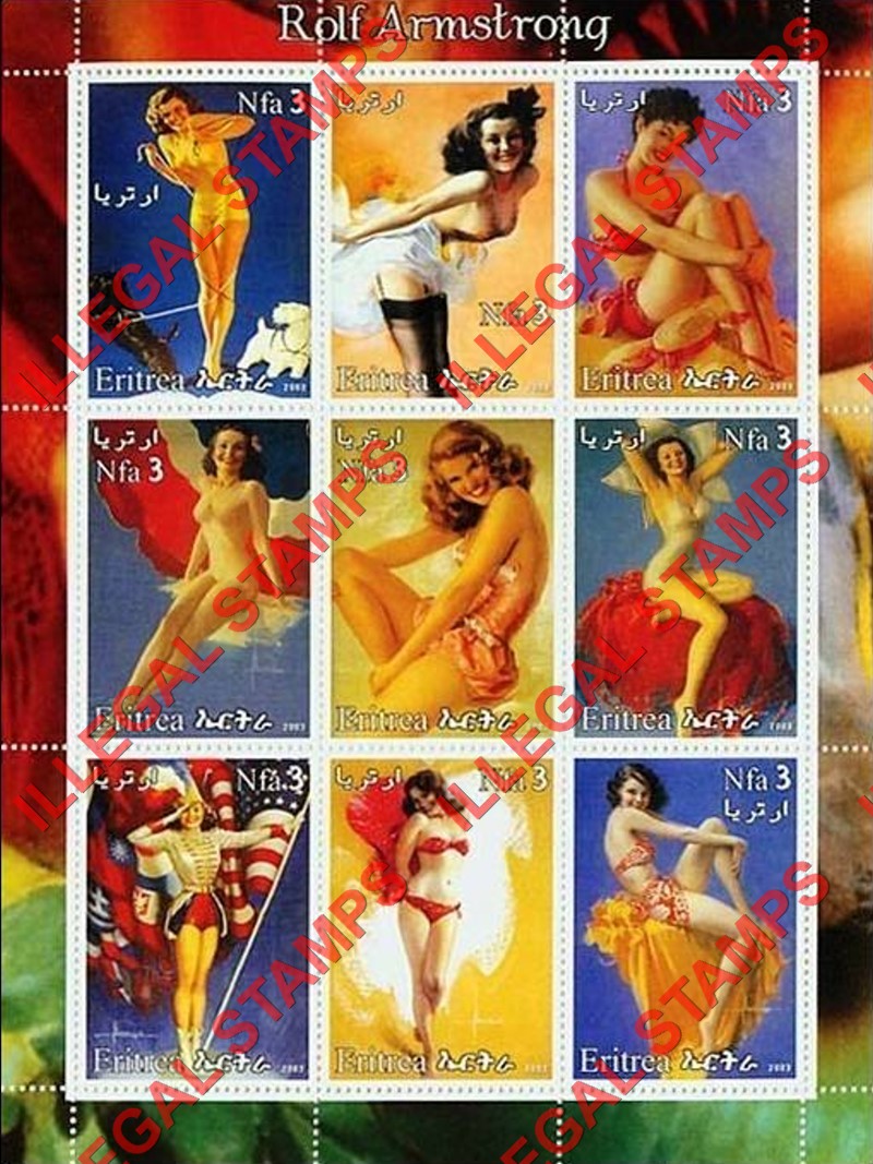 Eritrea 2003 Pin Ups by Rolf Armstrong Counterfeit Illegal Stamp Souvenir Sheet of 9