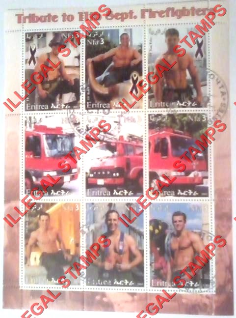 Eritrea 2003 September 11th Tribute to Firefighters Counterfeit Illegal Stamp Souvenir Sheet of 9