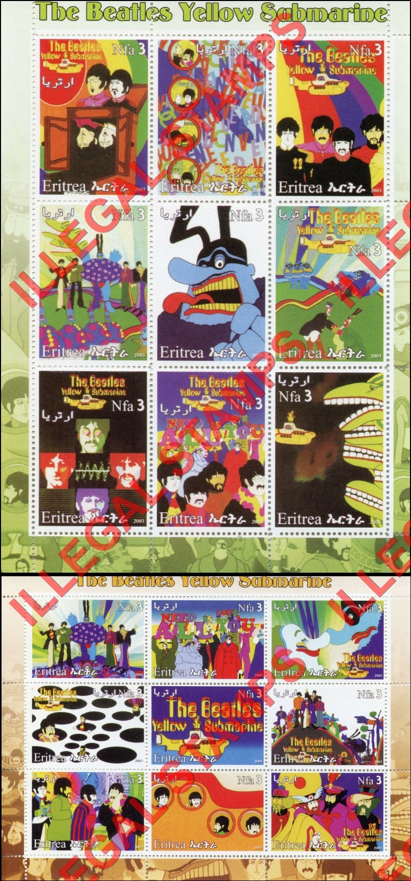 Eritrea 2003 The Beatles Yellow Submarine Counterfeit Illegal Stamp Souvenir Sheets of 9