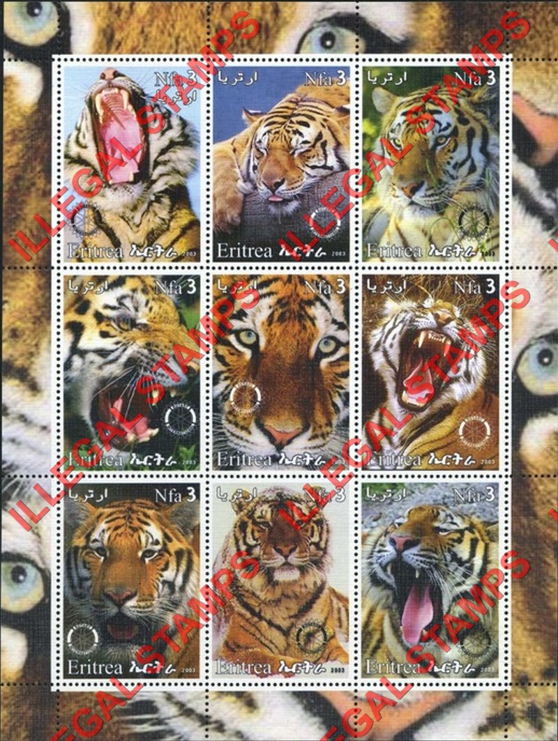 Eritrea 2003 Tigers Counterfeit Illegal Stamp Souvenir Sheet of 9