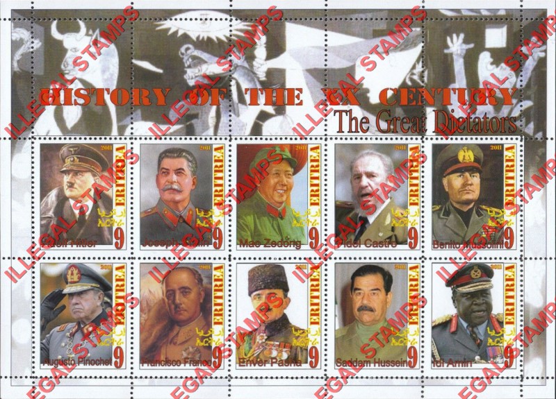 Eritrea 2011 Great Dictators History of the 20th Century Counterfeit Illegal Stamp Souvenir Sheet of 10